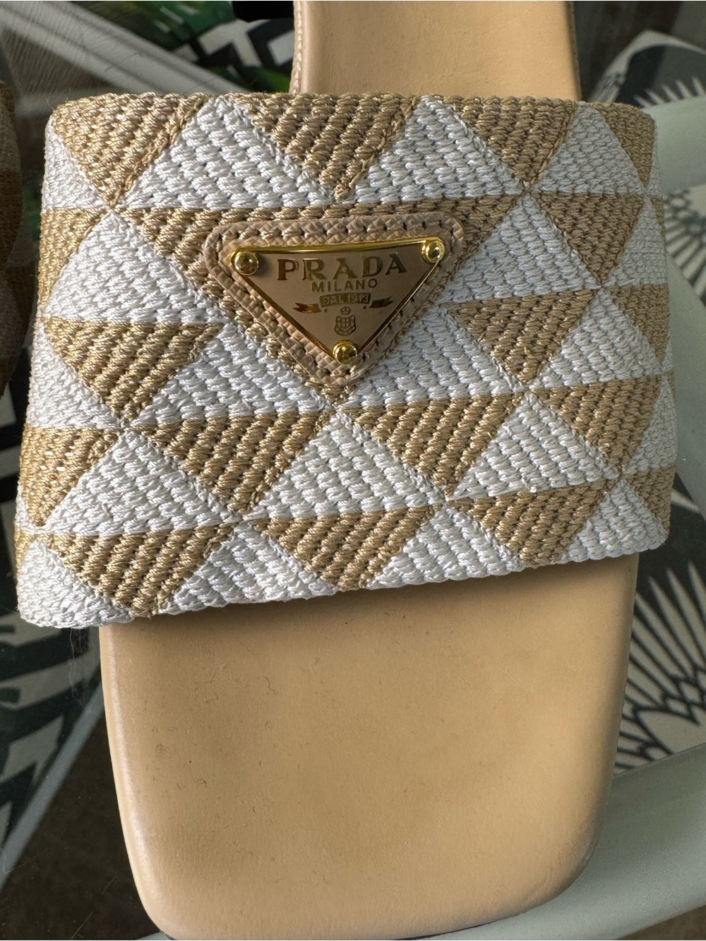 Prada Beige & White Geometric Slide Mules - Picture 3 of 6